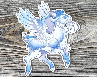 May include: A sticker featuring a whimsical, light blue and white winged goat. The illustration has a cartoon style with detailed wings and fur, set against a wooden background.