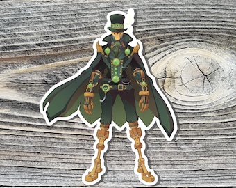 May include: A sticker featuring a steampunk-inspired skeleton character. The character wears a top hat, cape, and detailed mechanical limbs. The color palette includes shades of green, gold, and black, with a white outline.