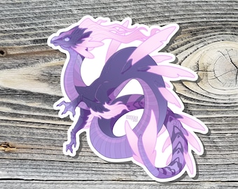 May include: A sticker featuring a stylized purple dragon with lavender accents. The dragon has a long, serpentine body and large, wing-like structures. The design includes the artist's signature.