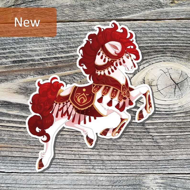 May include: A sticker featuring a white horse with red mane and tail, adorned with a decorative red and gold harness. The sticker has the word "New" in a brown rectangle in the upper left corner. The horse is set against a wood grain background.