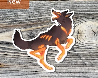 May include: A sticker featuring a stylized illustration of a wolf with glowing orange accents. The wolf is depicted in a dynamic pose with its mouth open. The word "New" is in a brown rectangle in the upper left corner.