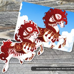 May include: A sticker and a print featuring a stylized illustration of a white horse with red and gold decorative elements. The horse has a flowing red mane and is set against a blue sky with clouds. Text at the bottom reads "4X6 MATCHING MONSTER PRINT WITH EACH ORDER."