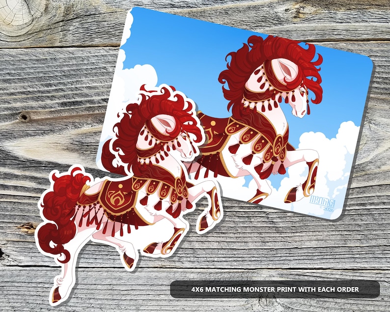 May include: A sticker and a print featuring a stylized illustration of a white horse with red and gold decorative elements. The horse has a flowing red mane and is set against a blue sky with clouds. Text at the bottom reads "4X6 MATCHING MONSTER PRINT WITH EACH ORDER."