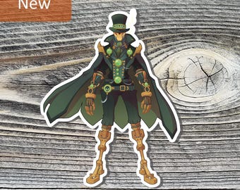 May include: A sticker featuring a steampunk skeleton character in a green and black outfit with gold accents. The character wears a top hat and cape, with the word "New" in a brown box in the upper left corner.