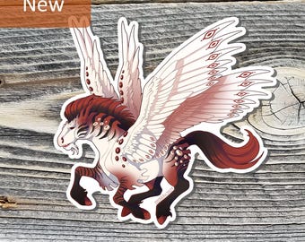 May include: A sticker featuring a winged horse with a white body, red and brown mane and tail, and large white wings with red accents. The word "New" is in a brown rectangle in the upper left corner. The sticker is on a wooden background.