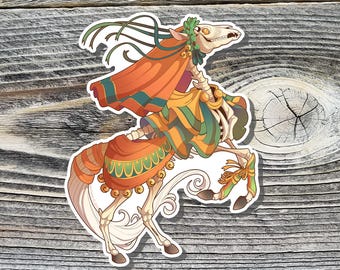May include: A sticker featuring a skeletal horse with a flowing orange cape and decorative attire. The horse is adorned with green and gold accents, and the background is a weathered wood texture.