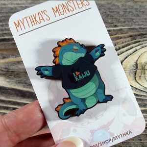 CRUSH Kaiju Fan Sustainable Wood Pin & Monster Art Card ~ I Love Kaiju Monster Badge