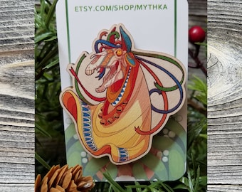 Mari Lwyd ~ Holiday Tradition Sustainable Wood Lapel Pin ~ Christmas Seasonal Design