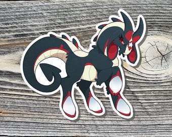 May include: A black and white dragon with red accents. The dragon has a long tail and is standing on its hind legs. It has a white underbelly and a red stripe running down its back.