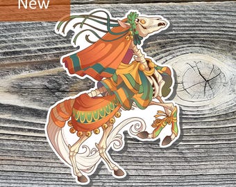 May include: A sticker featuring a skeletal horse with a rider in orange and green attire. The horse has a skull head and is adorned with decorative elements. The sticker has the word "New" in a brown rectangle.