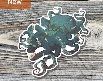 May include: A die-cut sticker featuring a dark teal octopus with multiple tentacles, visible suction cups, and a detailed head. The creature has a stern expression with green eyes and is rendered in a graphic illustration style with a white border.