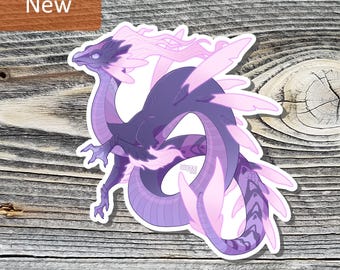 May include: A sticker featuring a stylized purple and lavender dragon with flowing mane and wing-like appendages. The sticker has a white border and the word "New" is in a brown rectangle in the upper left corner.