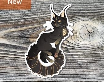 May include: A black cat sticker with a long, fluffy tail and gold chain accents. The cat has large ears and a glowing symbol on its side. The word "New" is in a brown rectangle in the upper left corner.