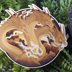Adesivo de monstro de vinil King Ghidorah de 5 polegadas e cartão de arte colecionável Kaiju ~ Decalque para laptop Kaiju