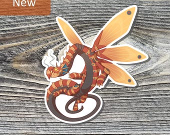May include: A sticker featuring a stylized dragon with orange and red segmented body, wings, and tail. The dragon is emitting smoke from its mouth. The word "New" is in a brown rectangle in the upper left corner.