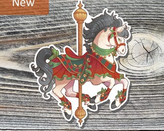 May include: A sticker featuring a carousel horse with a red and green decorative blanket and accents. The horse has a white body, gray mane, and is attached to a gold pole. The word "New" is in a brown rectangle in the upper left corner.