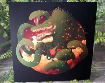 May include: A green, multi-headed monster with glowing eyes and sharp teeth. The monster is surrounded by a red and orange background with clouds. The monster is a digital illustration.