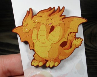 Kawaii Ghidorah Sustainable Wood Lapel Pin  ~ Chibi Kaiju Monster Badge