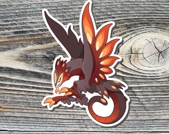 May include: A sticker of a fantasy creature with orange and black wings, a red body, and a black head. The creature has a long, thin tail and a sharp beak.