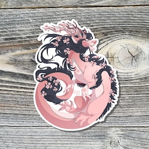 Sakura Botanical Dragon Vinyl Sticker - Cherry Blossom Monster Laptop Decal and Mini Monster Print