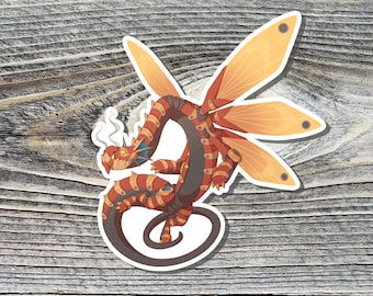 May include: A sticker featuring a stylized dragon with orange and red striped body, orange wings, and a curled tail. The dragon is exhaling smoke. The sticker is on a weathered wood background.