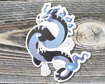 May include: A sticker of a blue and black dragon with white flames. The dragon is curled up in a circle with its head facing the viewer. The flames are coming out of its mouth and tail.