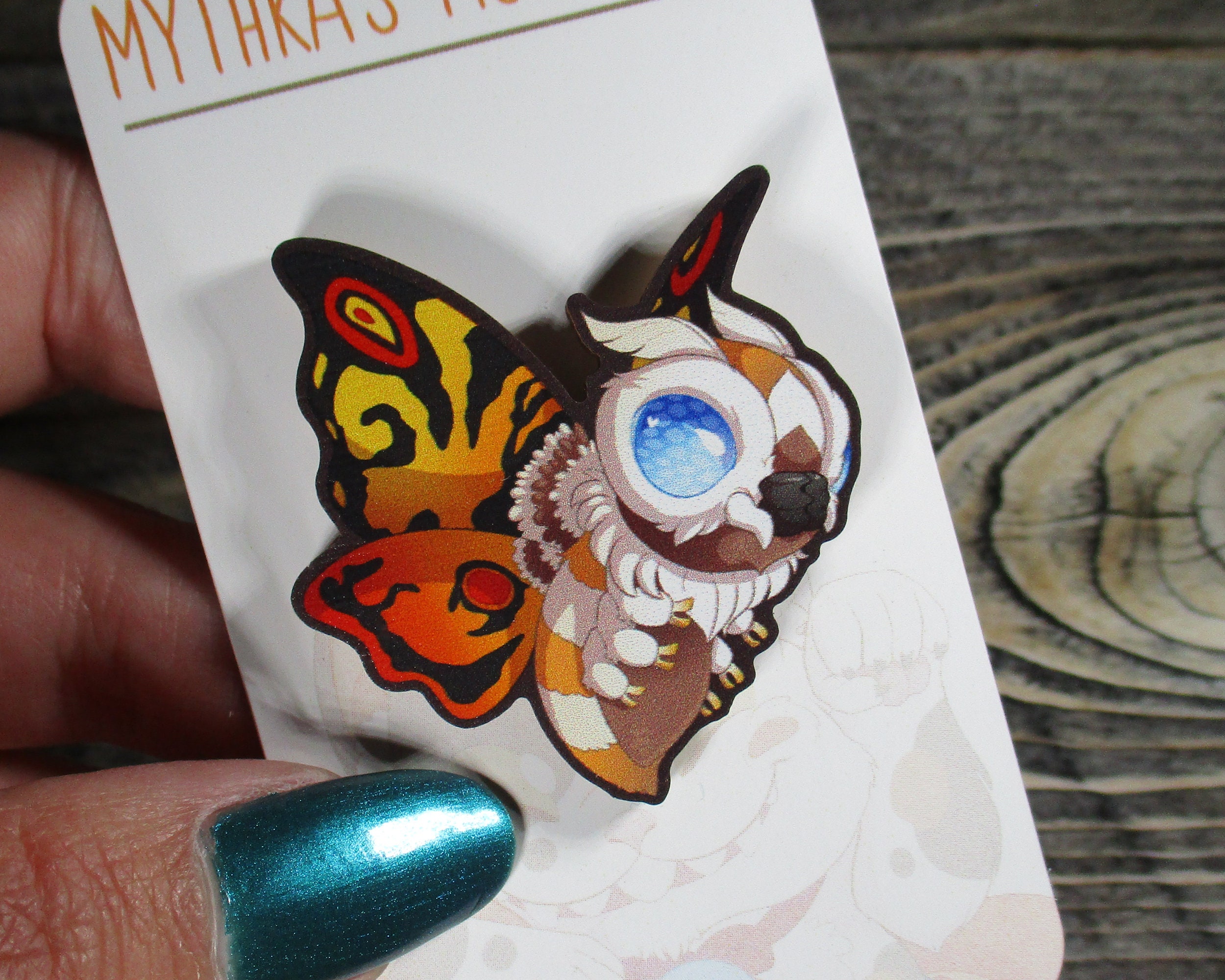 Classic Mothra Chibi Sustainable Wood Lapel Pin Kaiju Monster
