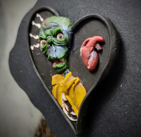 Ghoulfriends Magnet "Zombie Jeff" Skull Polymer Clay on Wood Strong Rare Earth Magnet SaltySculptress OOAK Fantasy Sculpture