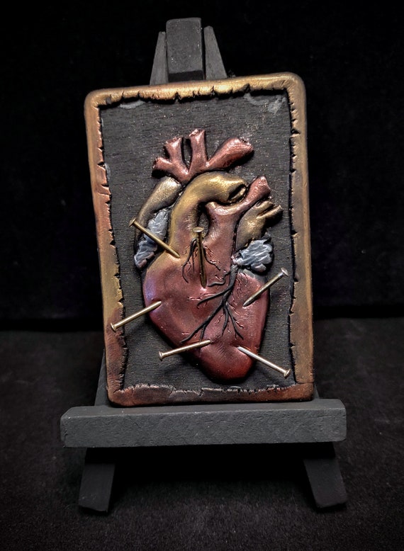 Nailed it -Art Heart by Salty Sculptress Polymer Clay on Wood Small Spaces Decor