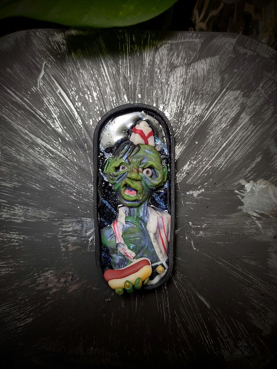 Zombie Hotdog Man- Soda Shop Magnet Polymer Clay on Wood Strong Rare Earth Magnet SaltySculptress OOAK Fantasy Relief Sculpture