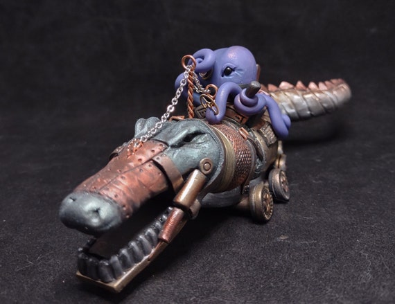 Gator S'cavator Polymer Clay Art Salty Sculptress  Steampunk Alligator Excavator Octopus Industrial  OOAK Decor