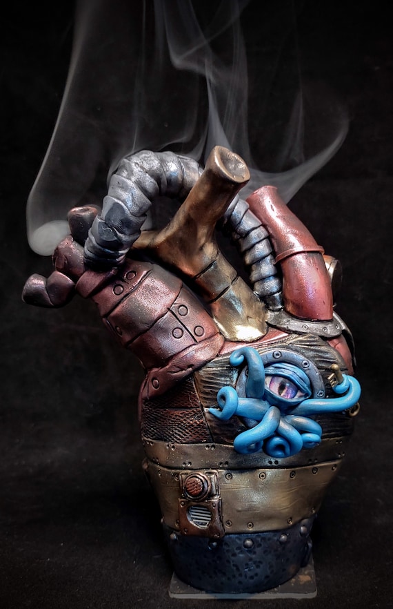 Hot Hearted Polymer Clay Art Salty Sculptress  Steampunk Anatomical Inspired Heart Octopus Tentacle Industrial  OOAK Decor