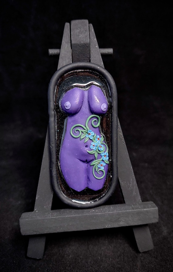 Lady Gardens Art Magnet by SaltySculptress Purple on Black Lush Nude Femme Figure Relief Sculpture OOAK Art Doll Polymer Clay on Wood Resin