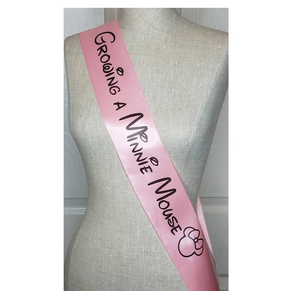 Growing a Minnie Mouse Sash for Baby Shower for mommy to be to wear at Baby Sprinkle, Comes with a Pin for Adjustable Closure