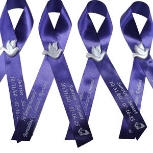 Personalized Memorial Ribbons Pins Funeral or Celebration of Life Assembled Dove Cross Attached for Baptism or Christening | Pack of 20