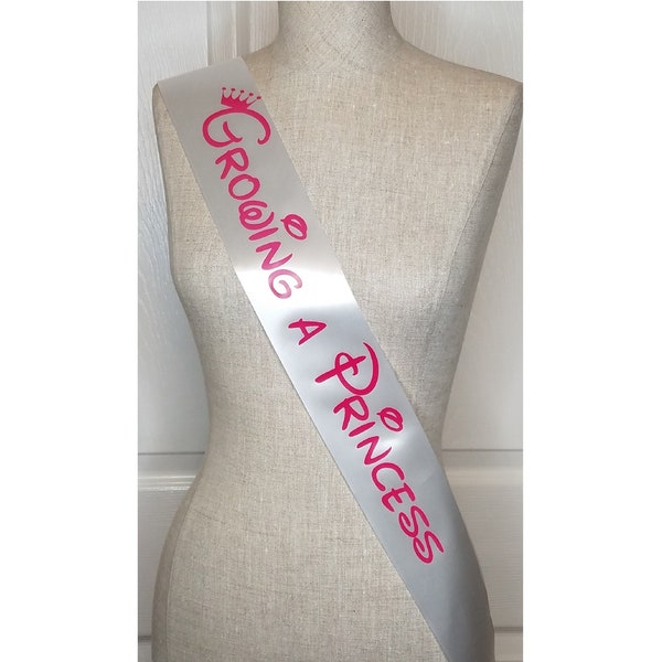 Baby Shower Sash - Growing a Princess Pink & Gold Sash for mom to be to wear at Sprinkle, Comes with Rhinestone Silver Pin adjustable sizing