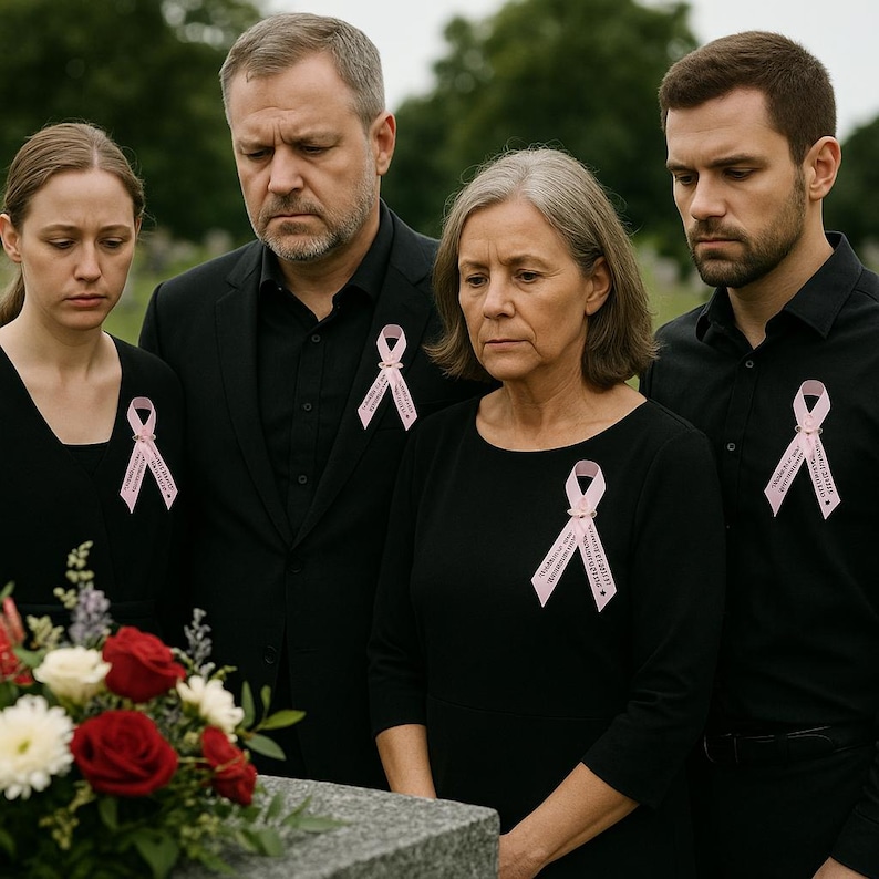 May include: Four individuals dressed in black attire stand together, each wearing a light pink awareness ribbon pinned to their clothing. The ribbons feature printed text and a small symbol. A floral arrangement with red and white flowers sits nearby.
