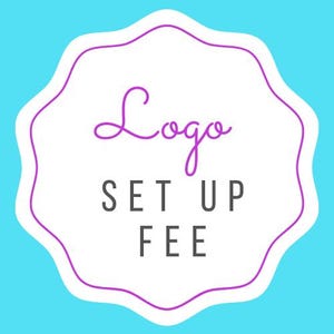 May include: A teal background with a white, scalloped-edged shape. Inside, the word "Logo" is written in a cursive, purple font. Below, in a gray, sans-serif font, are the words "SET UP FEE".
