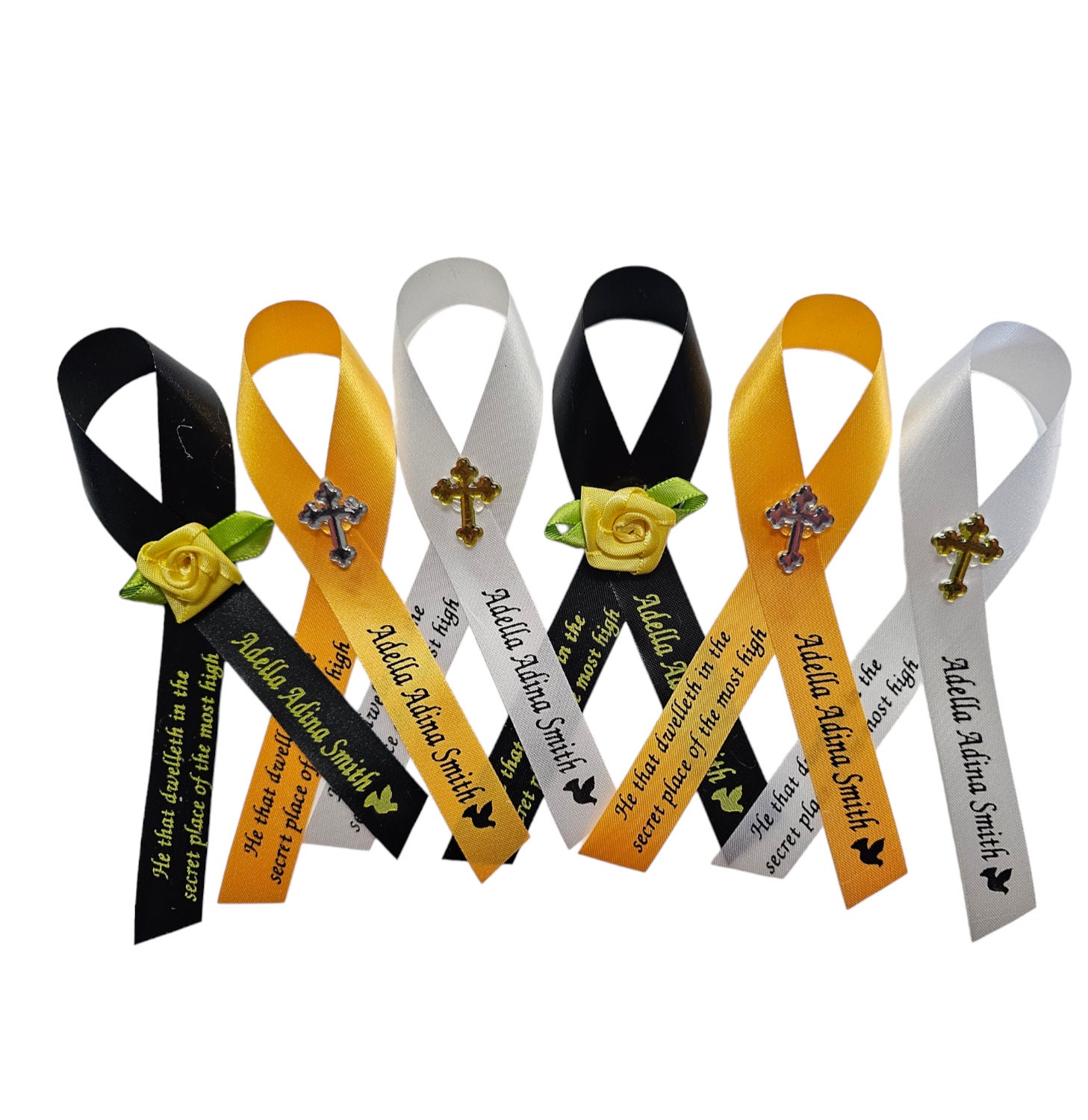 Personalized Memorial Ribbons with Pins for Funeral or Celebration of Life Assembled Fundraiser Awareness Ribbon - Rose Center Decoration
