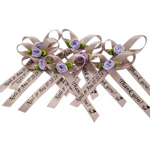 25 Personalized Ribbons Bridal Baby Shower Wedding or Quinceanera Birthday Celebration Party Favor Custom Wording Fully Assembled Bows