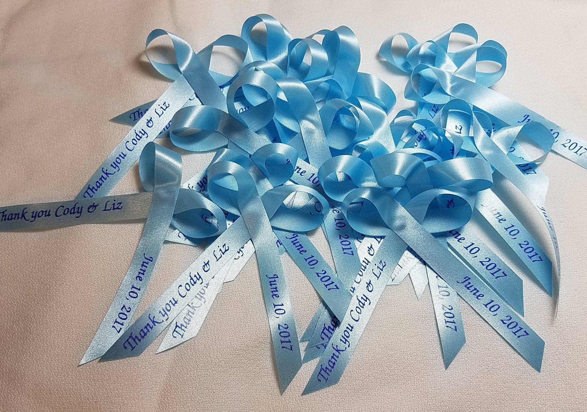 Blue Personalized Ribbons Baby Shower, Bridal Shower Wedding or Birthday  Celebration Party Favor Assembled Ribbons Pack of 25 