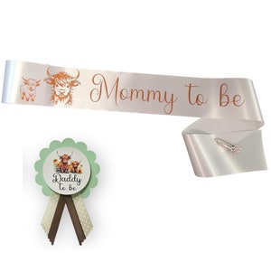 Mommy to be Sash Highland Cow Baby Shower for Baby Shower  comes with Crown Rhinestone Silver Pin