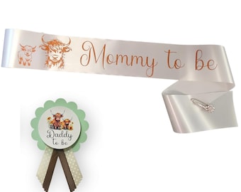 Mommy to be Sash Highland Cow Baby Shower für Baby Shower kommt mit Krone Strass Silber Pin