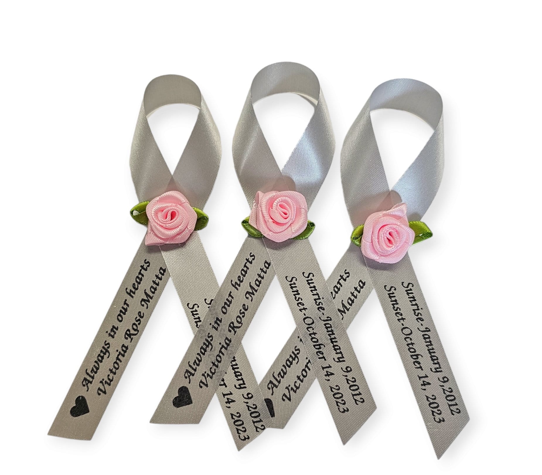 Personalized Memorial Ribbons with Pins for Funeral or Celebration of Life Assembled Fundraiser Awareness Ribbon - Rose Center Decoration