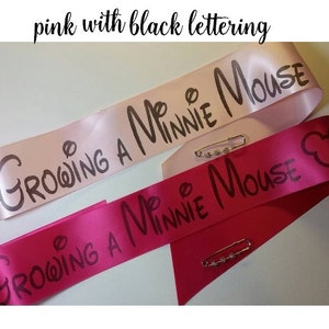 Growing a Minnie Mouse Sash for Baby Shower for mommy to be to wear at Baby Sprinkle, Comes with a Pin for Adjustable Closure image 5