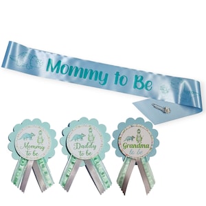 Dinosaur Baby Shower Sash & Pins: Mommy, Daddy, Grandma to Be image 1
