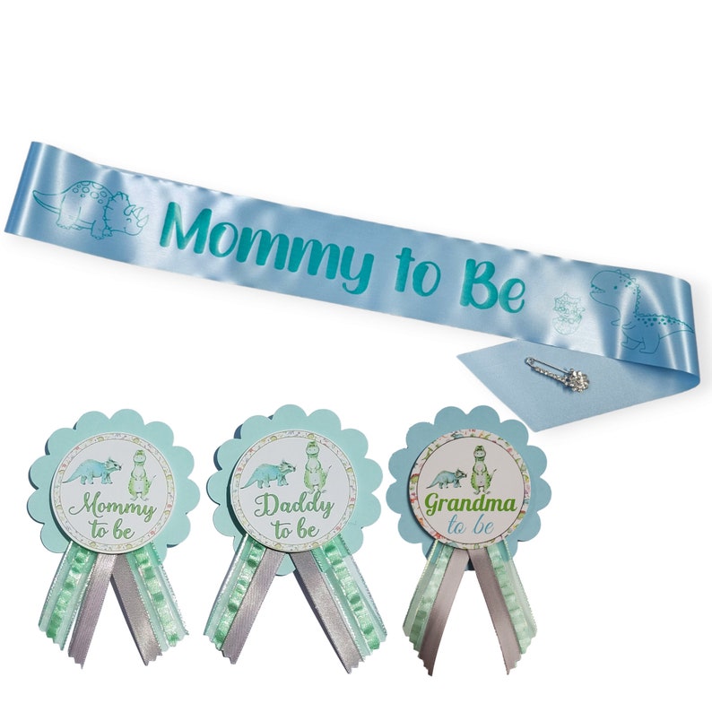 Dinosaur Baby Shower Sash & Pins: Mommy, Daddy, Grandma to Be image 1