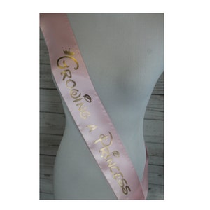 Baby Shower Sash Growing a Princess Pink & Gold Sash for mom to be to wear at Sprinkle, Comes with Rhinestone Silver Pin adjustable sizing image 2