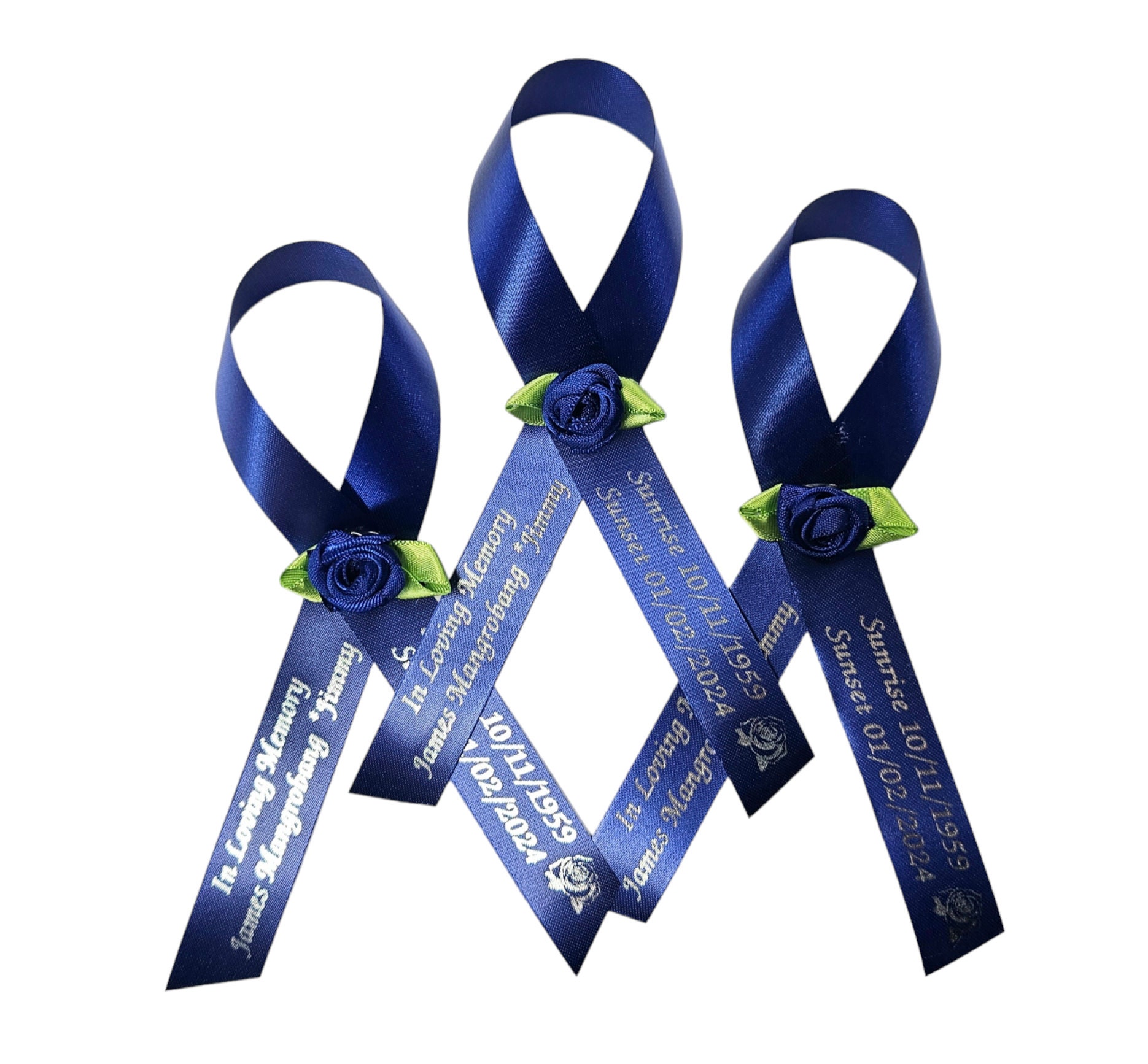 Personalized Memorial Ribbons with Pins for Funeral or Celebration of Life Assembled Fundraiser Awareness Ribbon - Rose Center Decoration