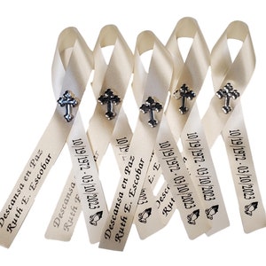 Personalized Memorial Funeral Ribbon Pins for Celebration of Life Assembled with Pins Attached with Name & Date Cross or Rose Custom Made